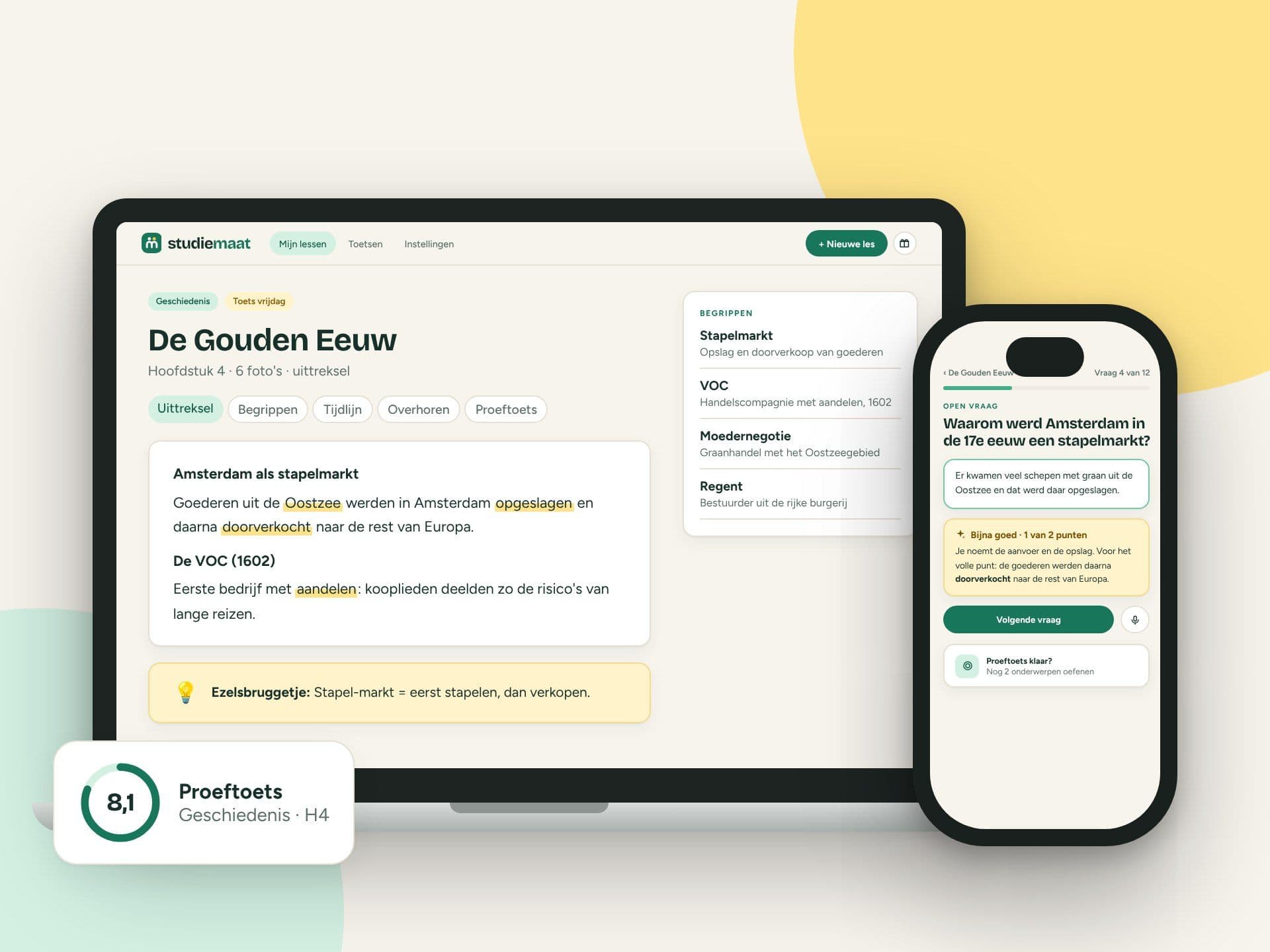 Leerplatform Studiemaat op laptop en telefoon met uittreksel, nakijken met AI en proeftoets met cijfer