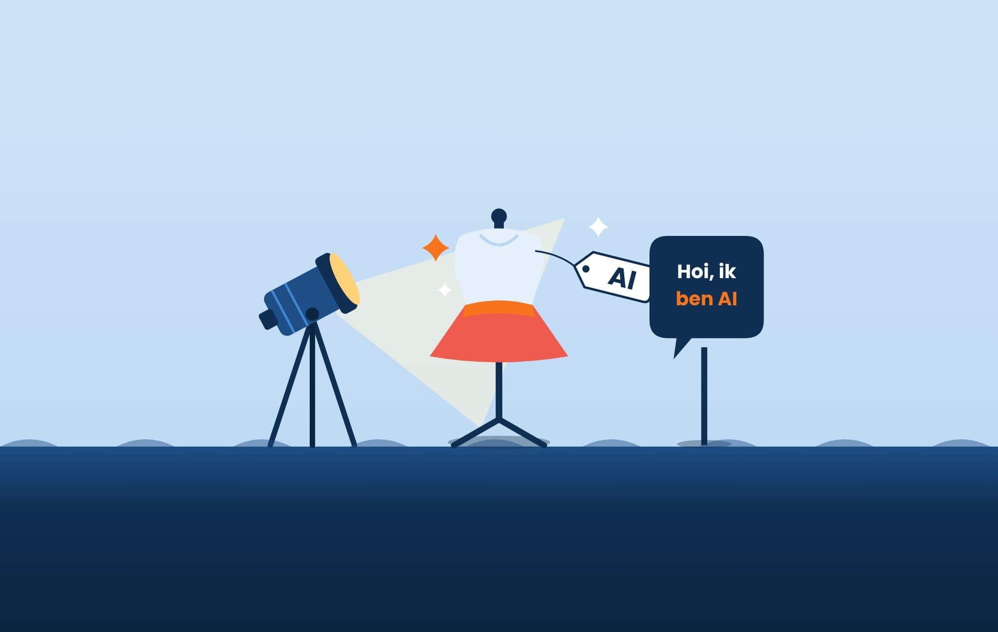 Spotlight, paspop met AI-label en een bordje Hoi, ik ben AI
