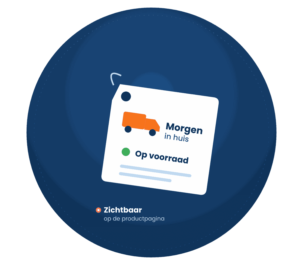 Hanglabel met bezorgbusje, morgen in huis en op voorraad, als informatie op de productpagina