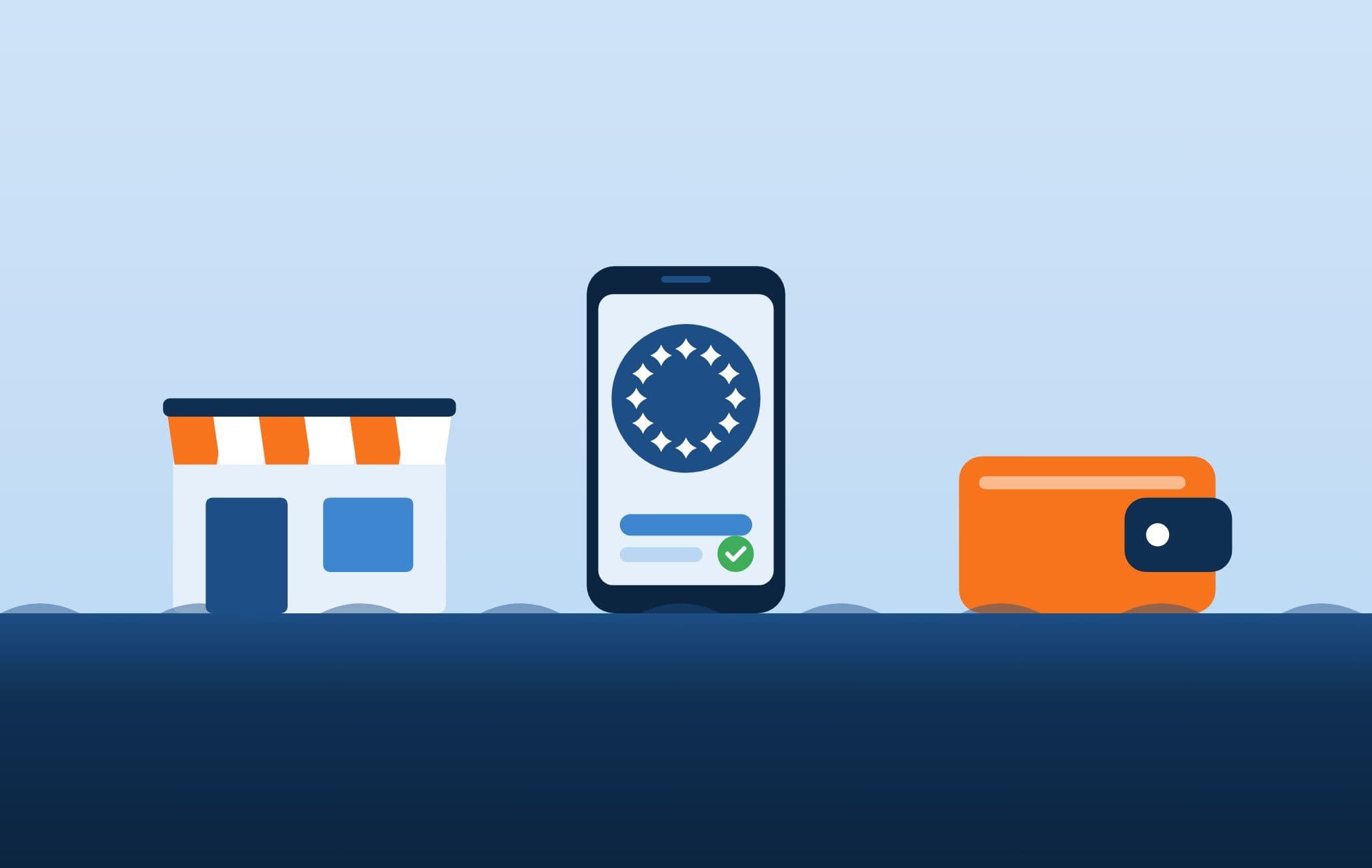 Winkel, smartphone met betaalscherm en portemonnee boven zee