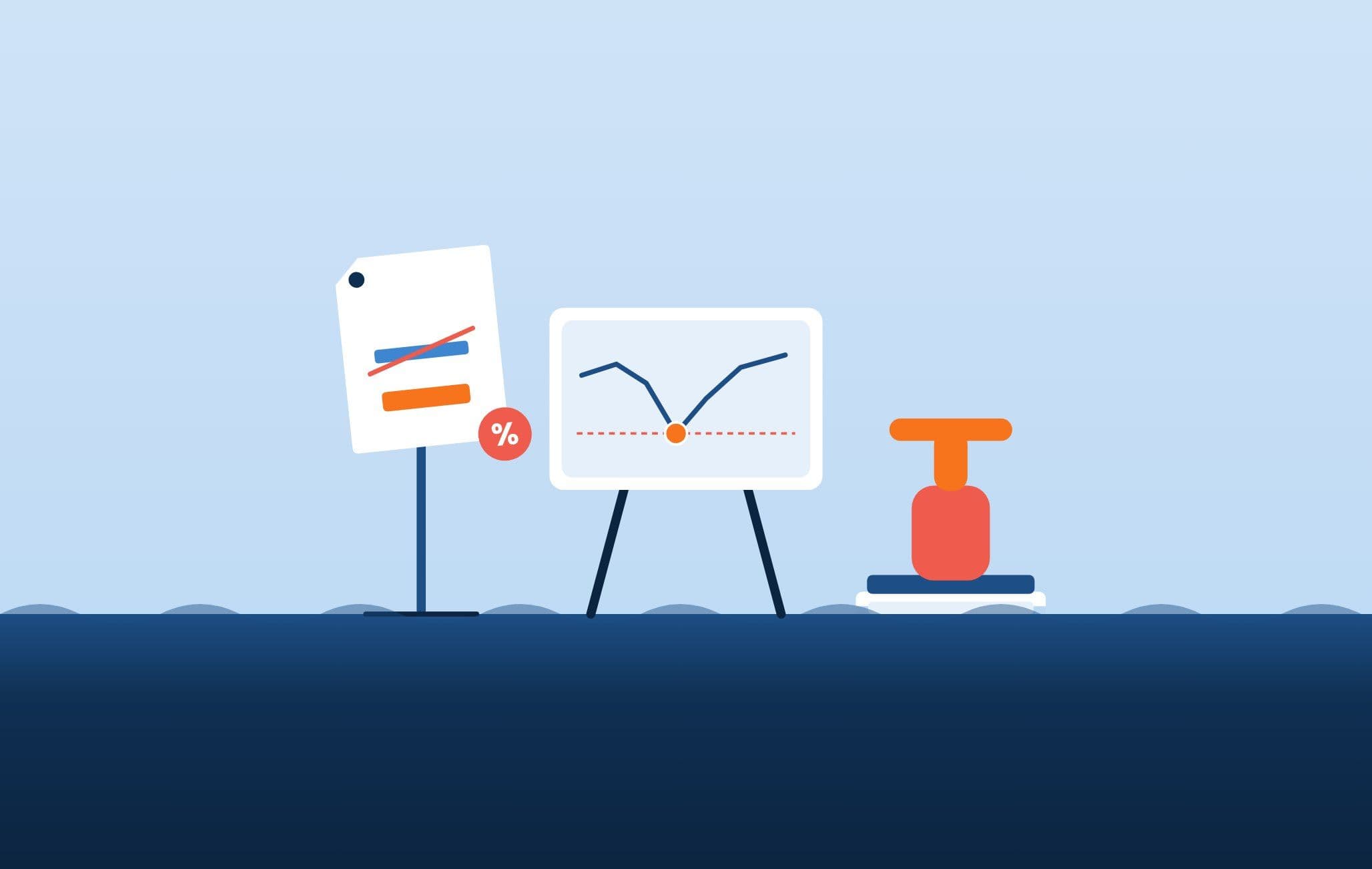 Prijsbord, grafiek met laagste prijs en stempel op de horizon