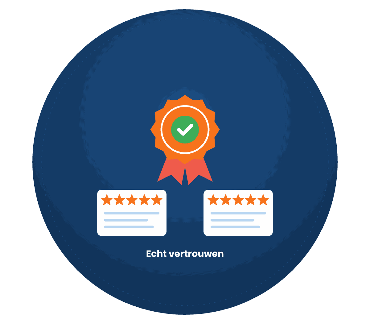 Rozet met vinkje boven twee reviewkaarten