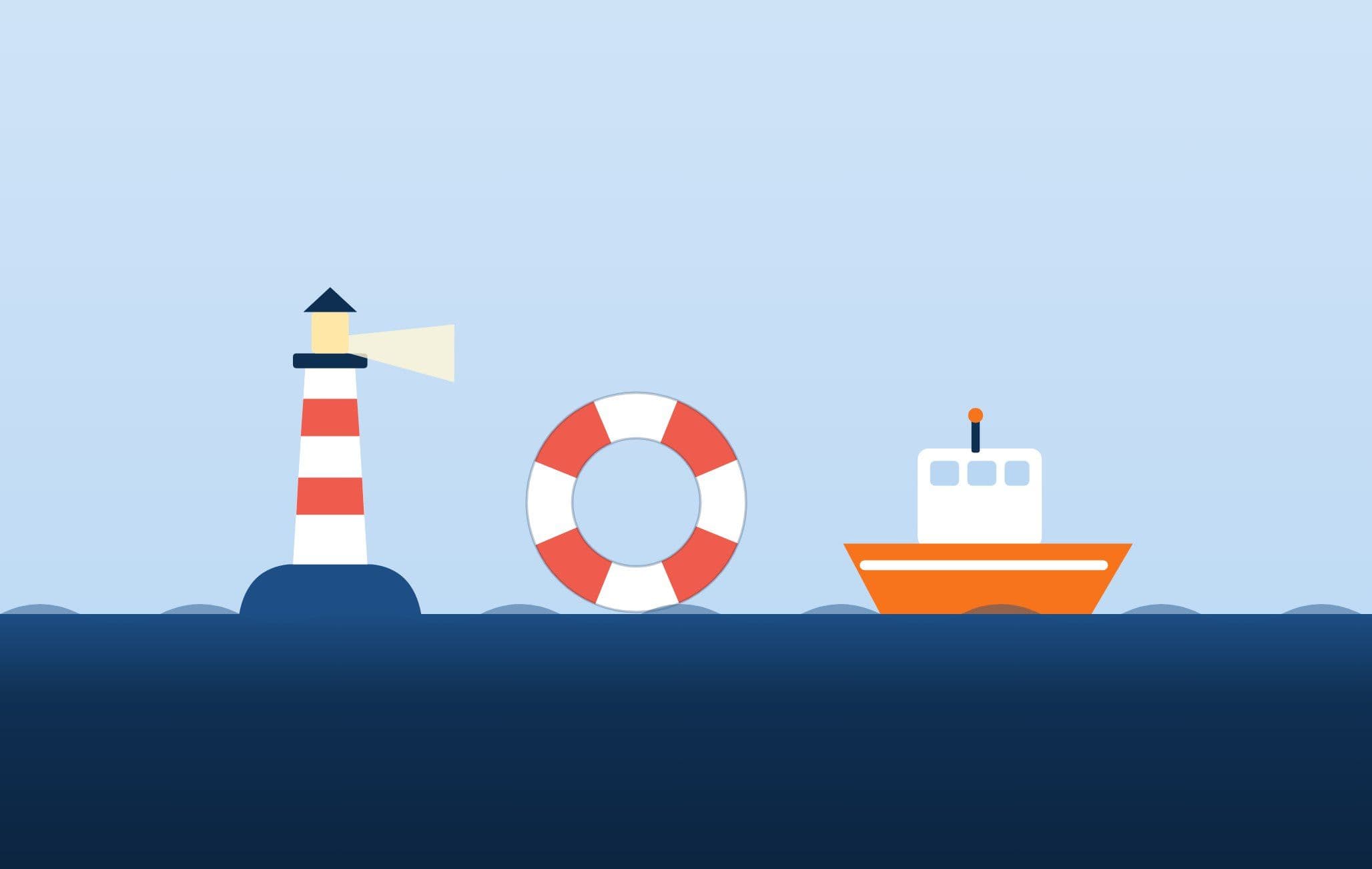 Vuurtoren, reddingsboei en reddingsboot