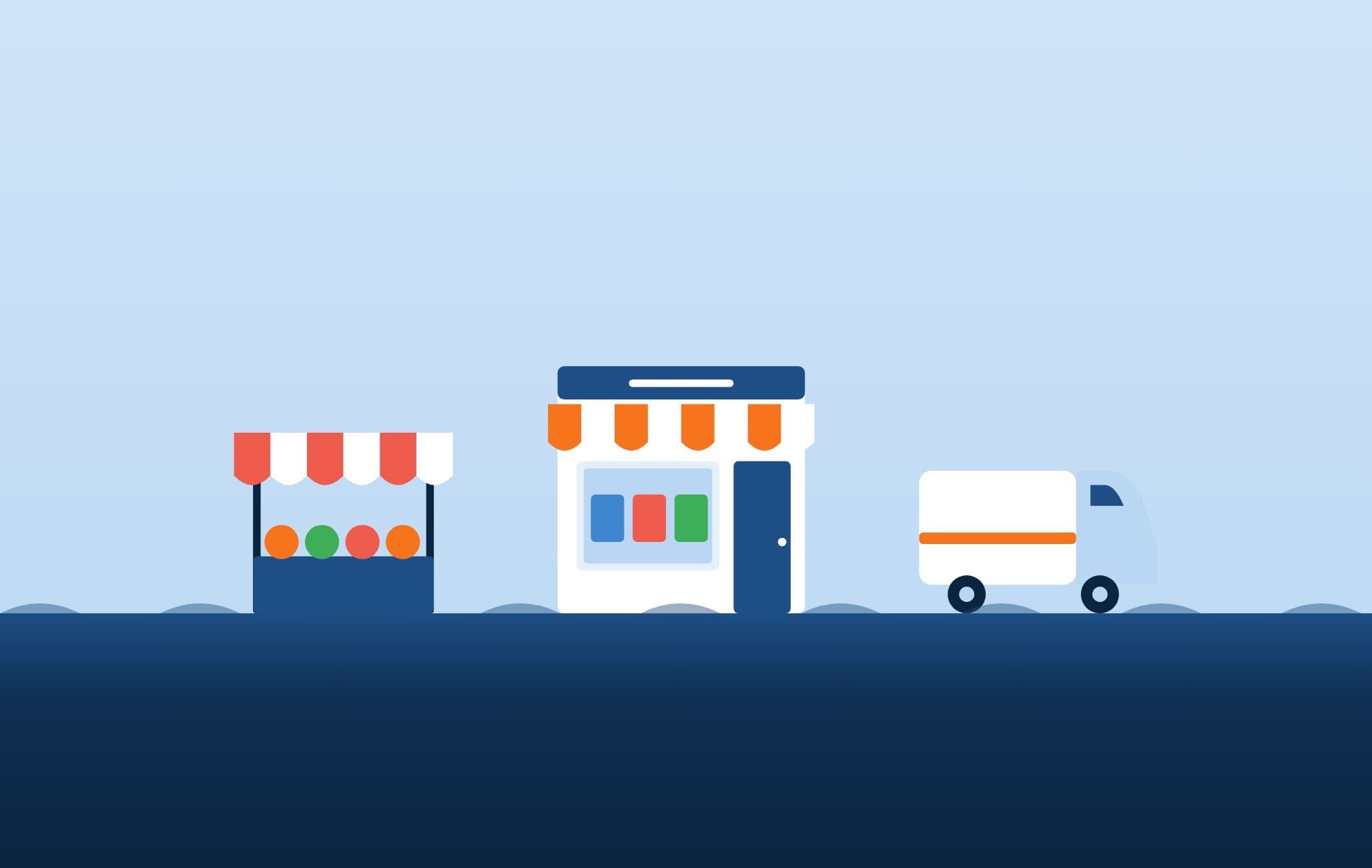Marktkraam, webshop-pui en bezorgbus op de horizon