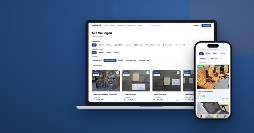 Veilingoverzicht van bieden.nl op een laptop en de app op een telefoon