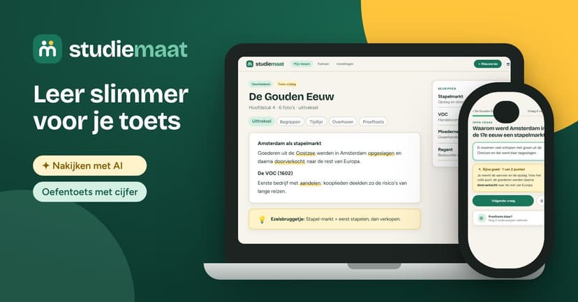 Studiemaat-leerplatform op laptop en telefoon met nakijken met AI en oefentoetsen