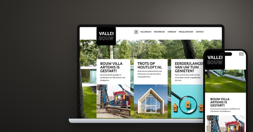 Website van Valleibouw op een laptop en een telefoon