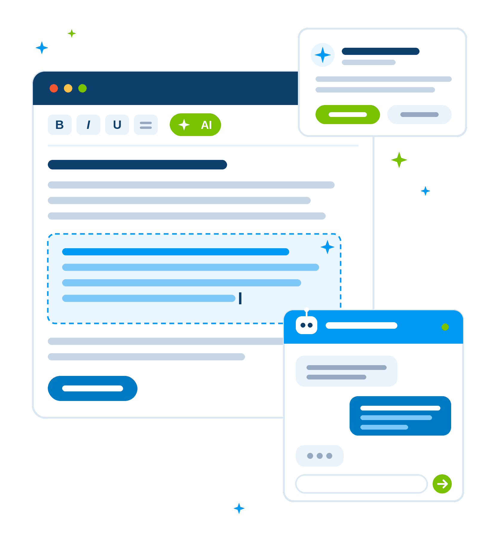 AI-schrijfhulp in de WYSIWYG-editor van het CMS, met AI-tekstsuggesties en een chatbotgesprek