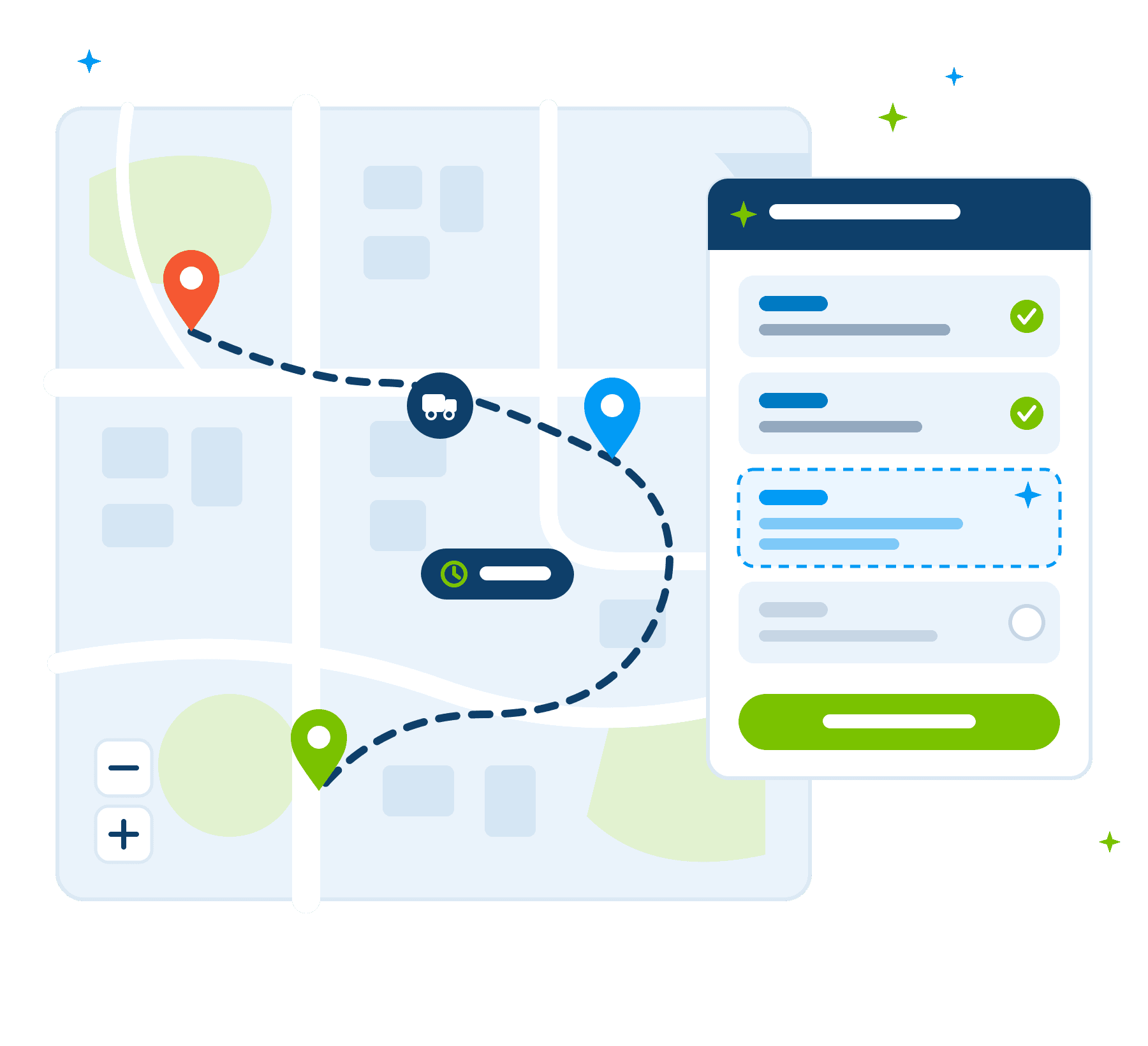 AI-plannerstool met interactieve landkaart: route langs locatiepins en automatisch ingeplande afspraken