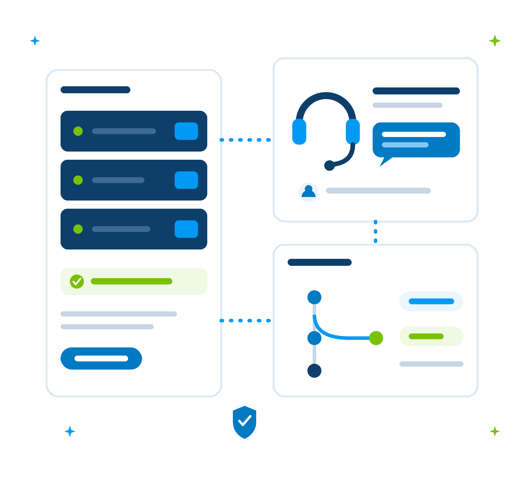 Hosting, Git-beheer en support: serverkast met uptime-status, supportheadset en release-overzicht