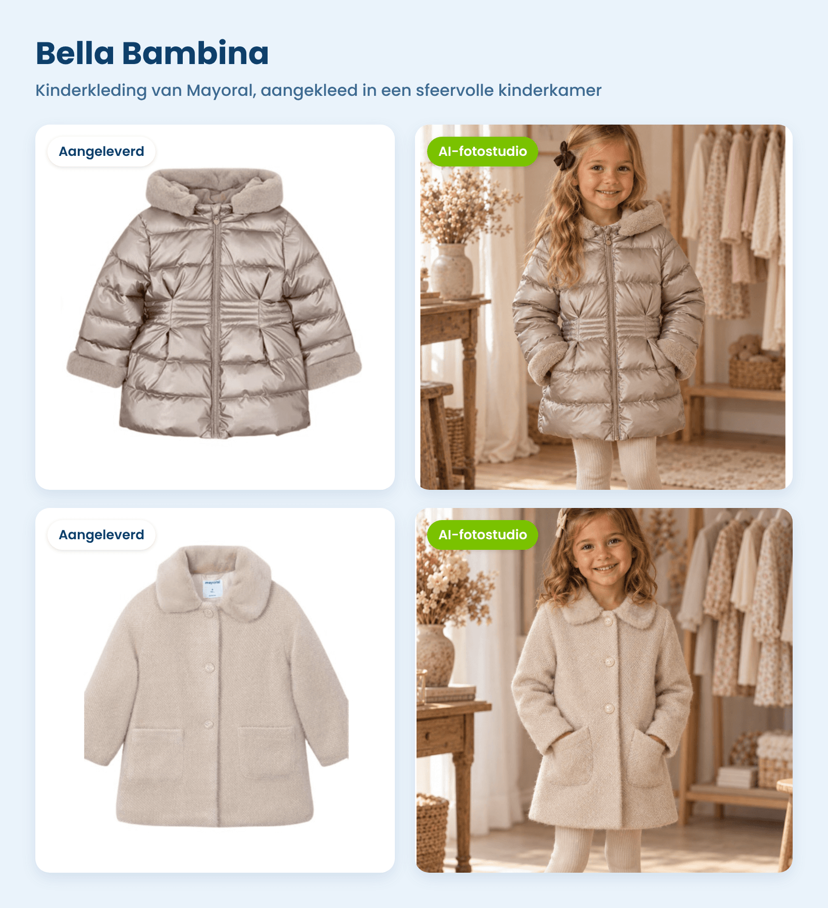Twee kinderjassen van Mayoral als packshot en gedragen door een meisje in een sfeervolle kinderkamer, voor Bella Bambina