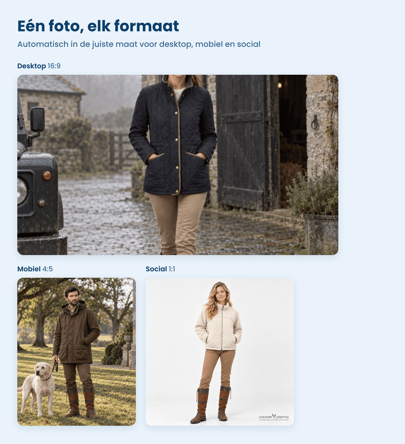 Eén AI-modelfoto in de formaten voor desktop, mobiel en social media