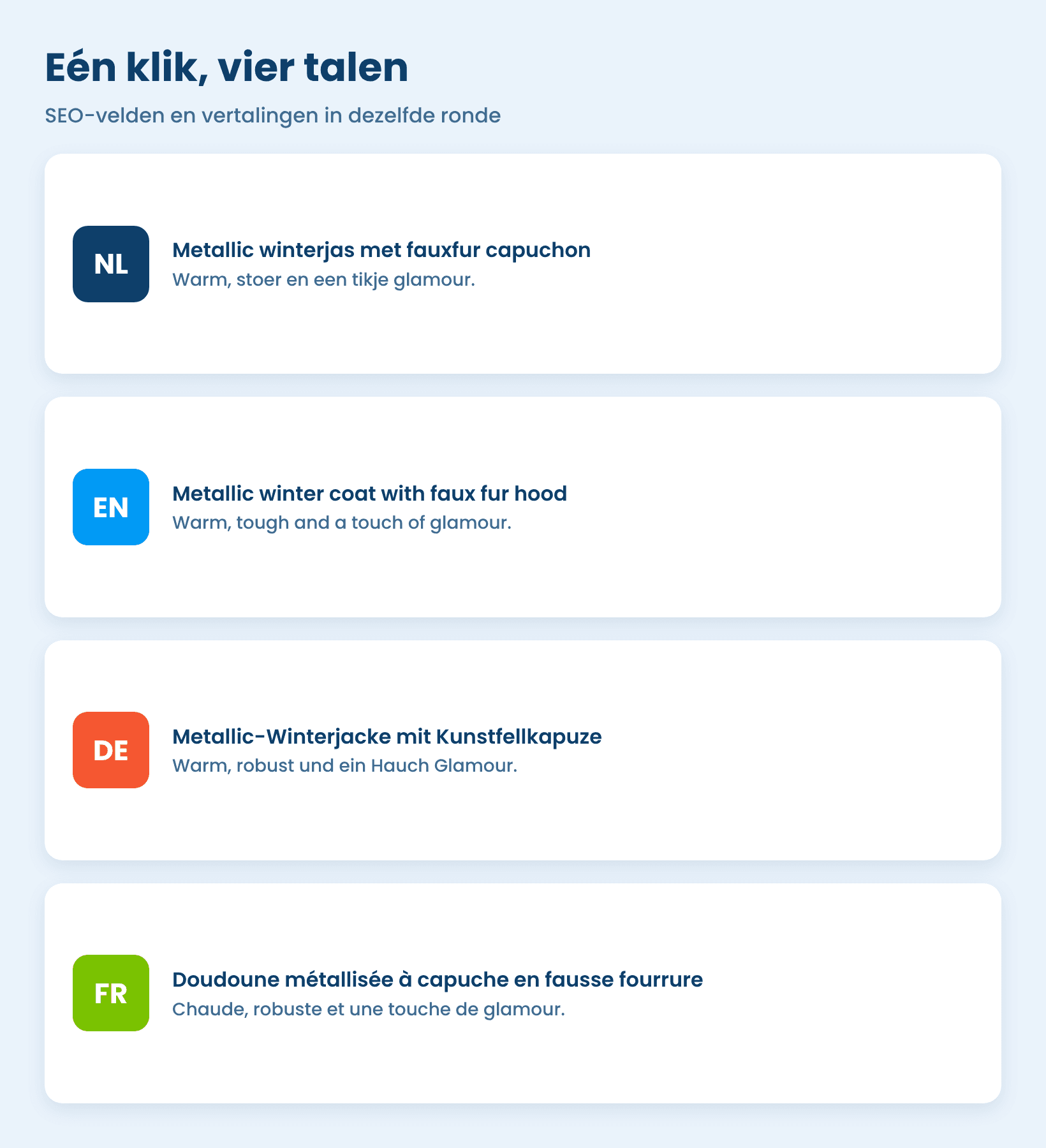 Dezelfde producttitel en slogan in het Nederlands, Engels, Duits en Frans