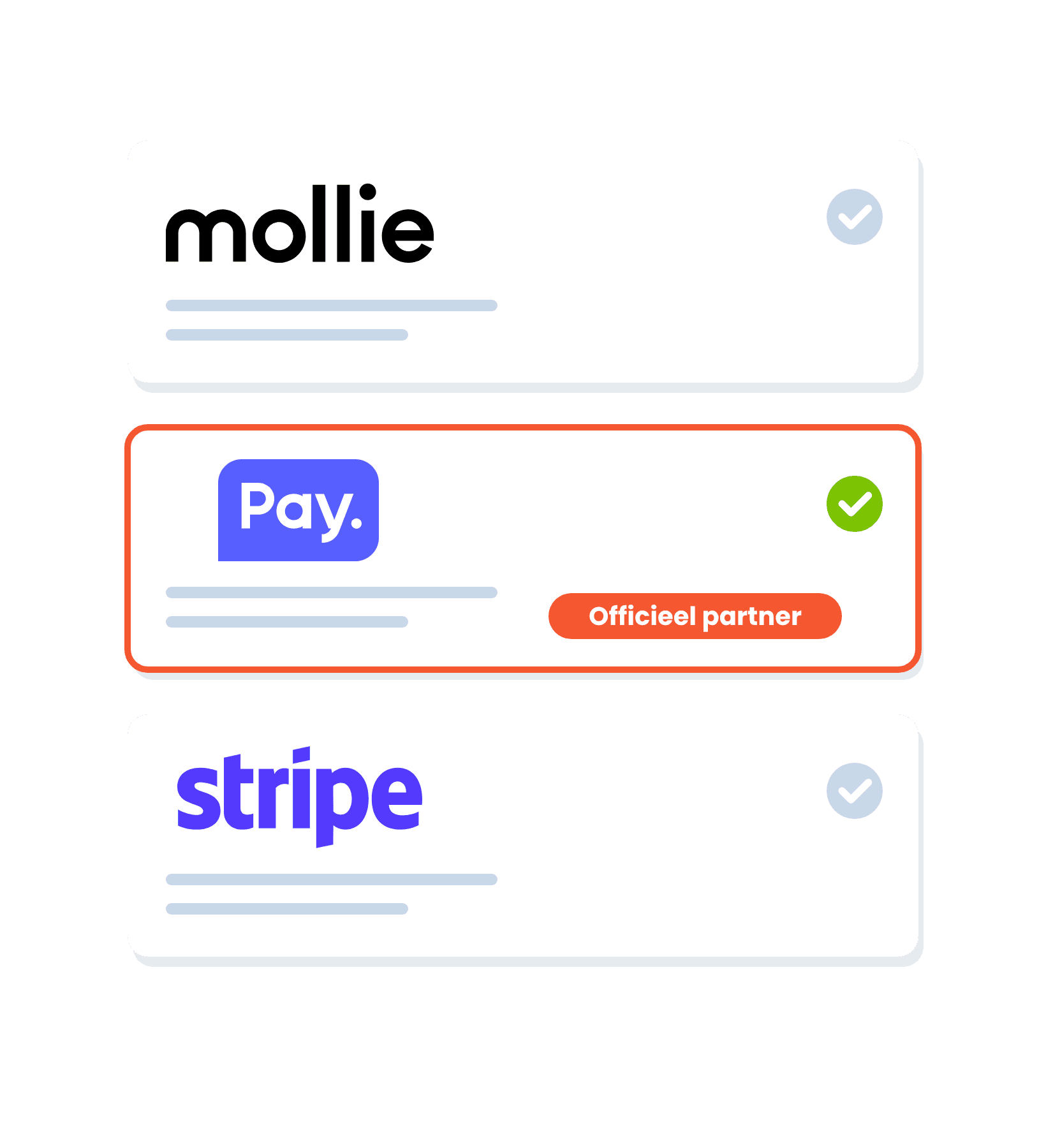 De betaalproviders Mollie, Pay. en Stripe naast elkaar, met Pay. gemarkeerd als officieel partner