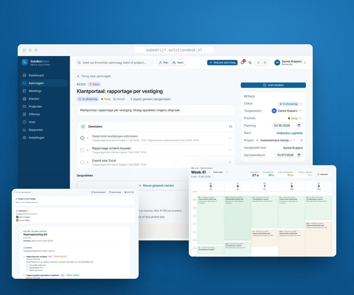 Een aanvraag met deeltaken, de urenkalender en meetingnotulen in SolutionDesk