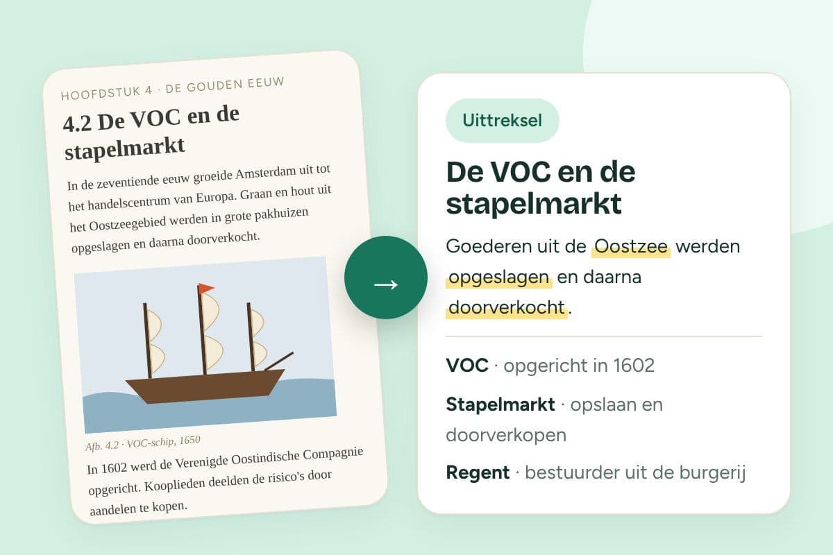Foto van een schoolboekpagina die Studiemaat omzet in een uittreksel met begrippen