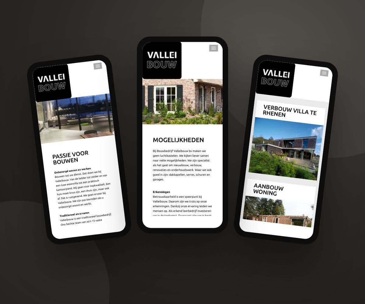 Pagina's van de website van Valleibouw op drie telefoons