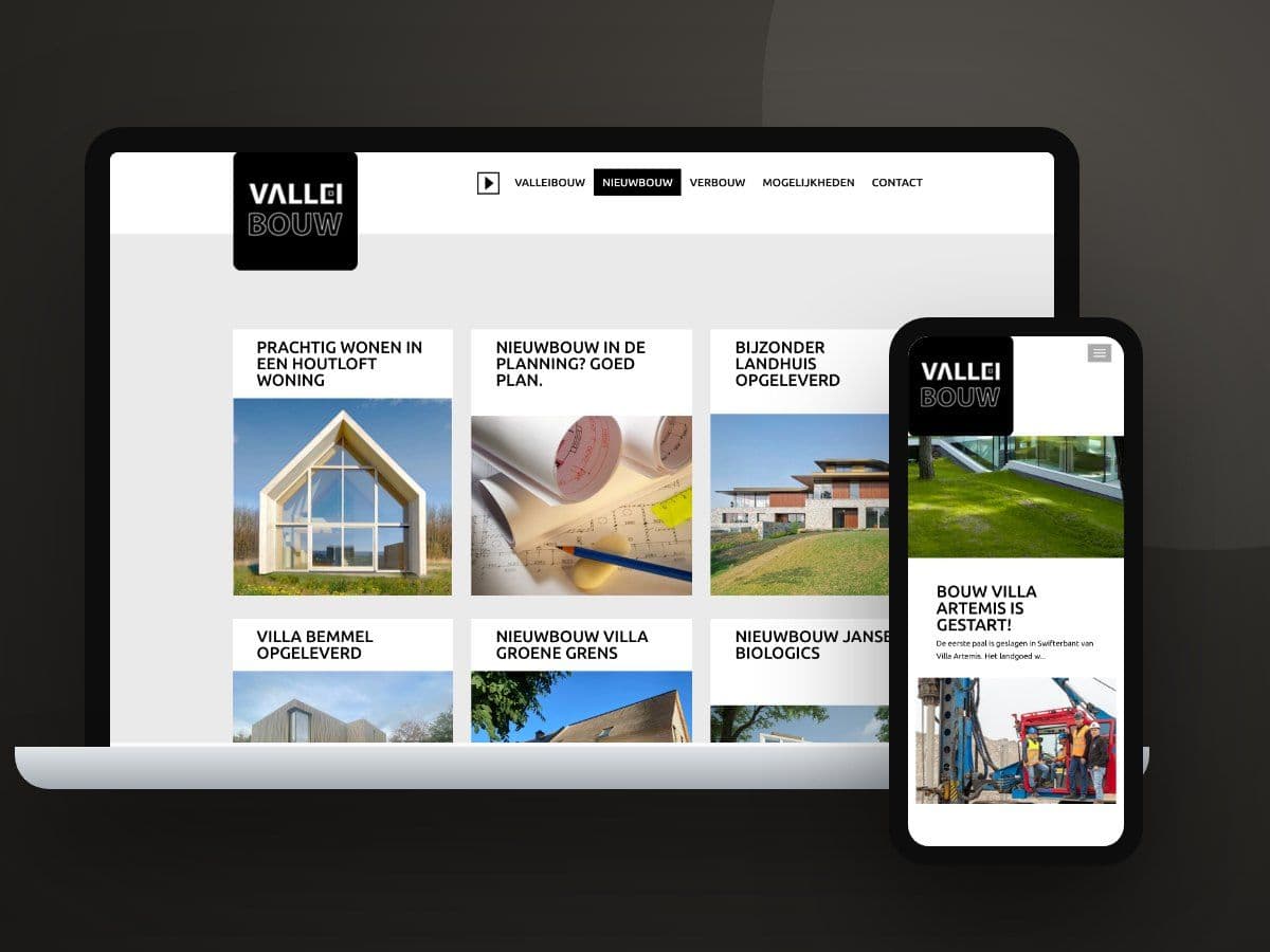 Nieuwbouwpagina van Valleibouw op een laptop en de homepage op een telefoon