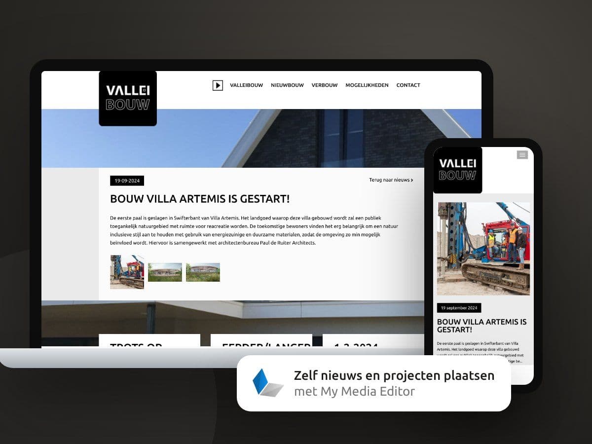 Nieuwsbericht op de website van Valleibouw op een laptop en een telefoon