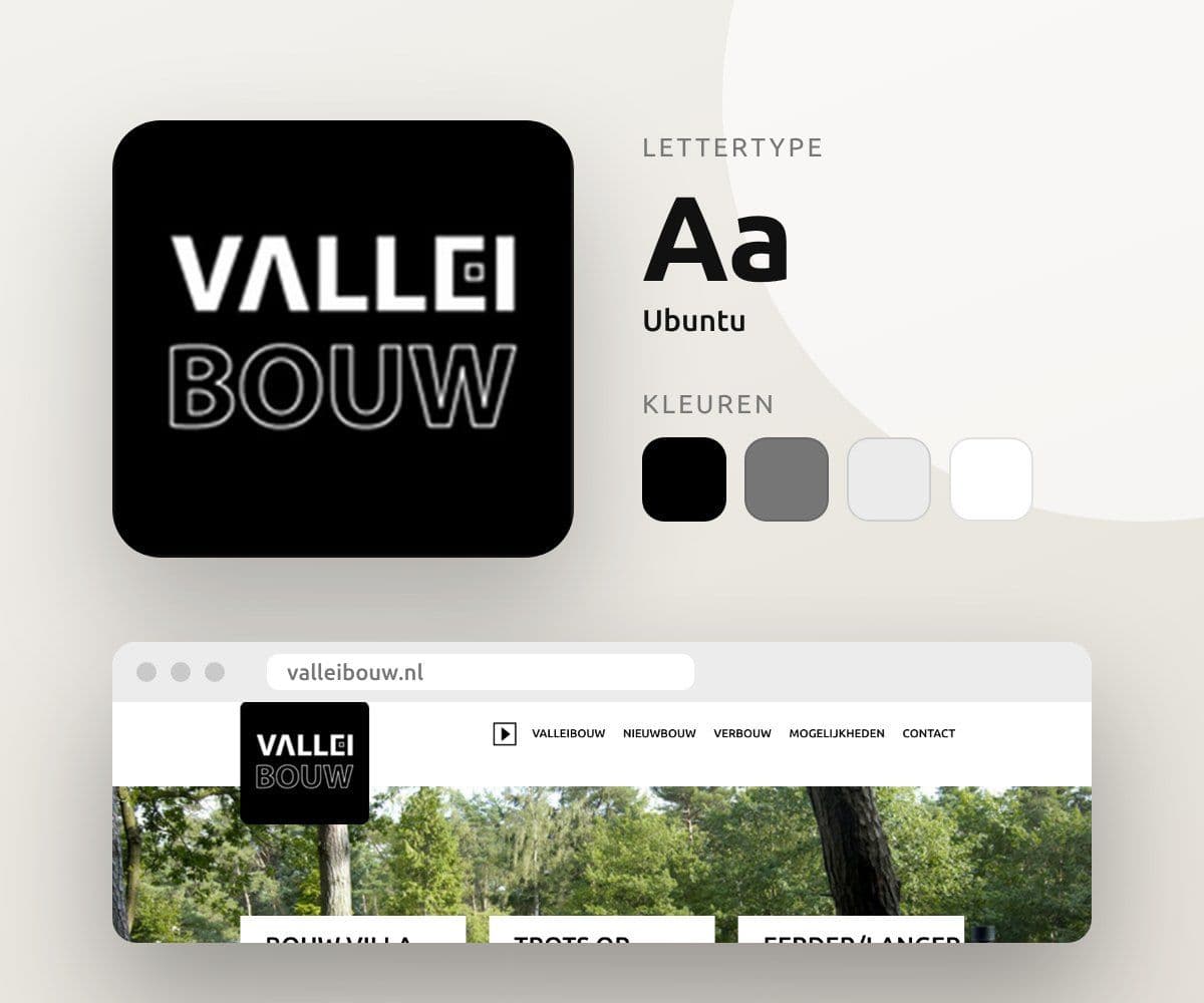 Logo en huisstijl van Valleibouw met de website