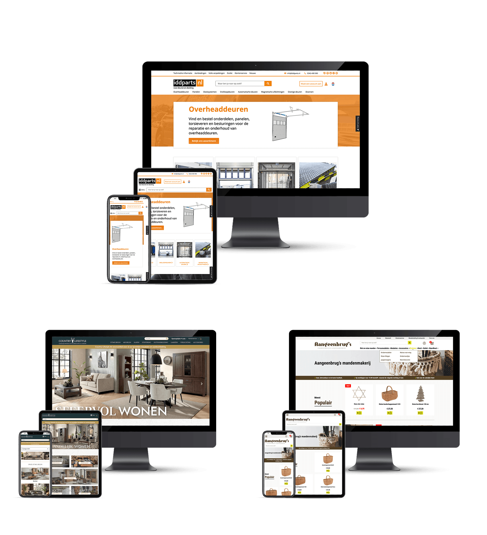 Webshops van IDD Parts, Country Lifestyle en Aangeenbrug op computer, tablet en telefoon