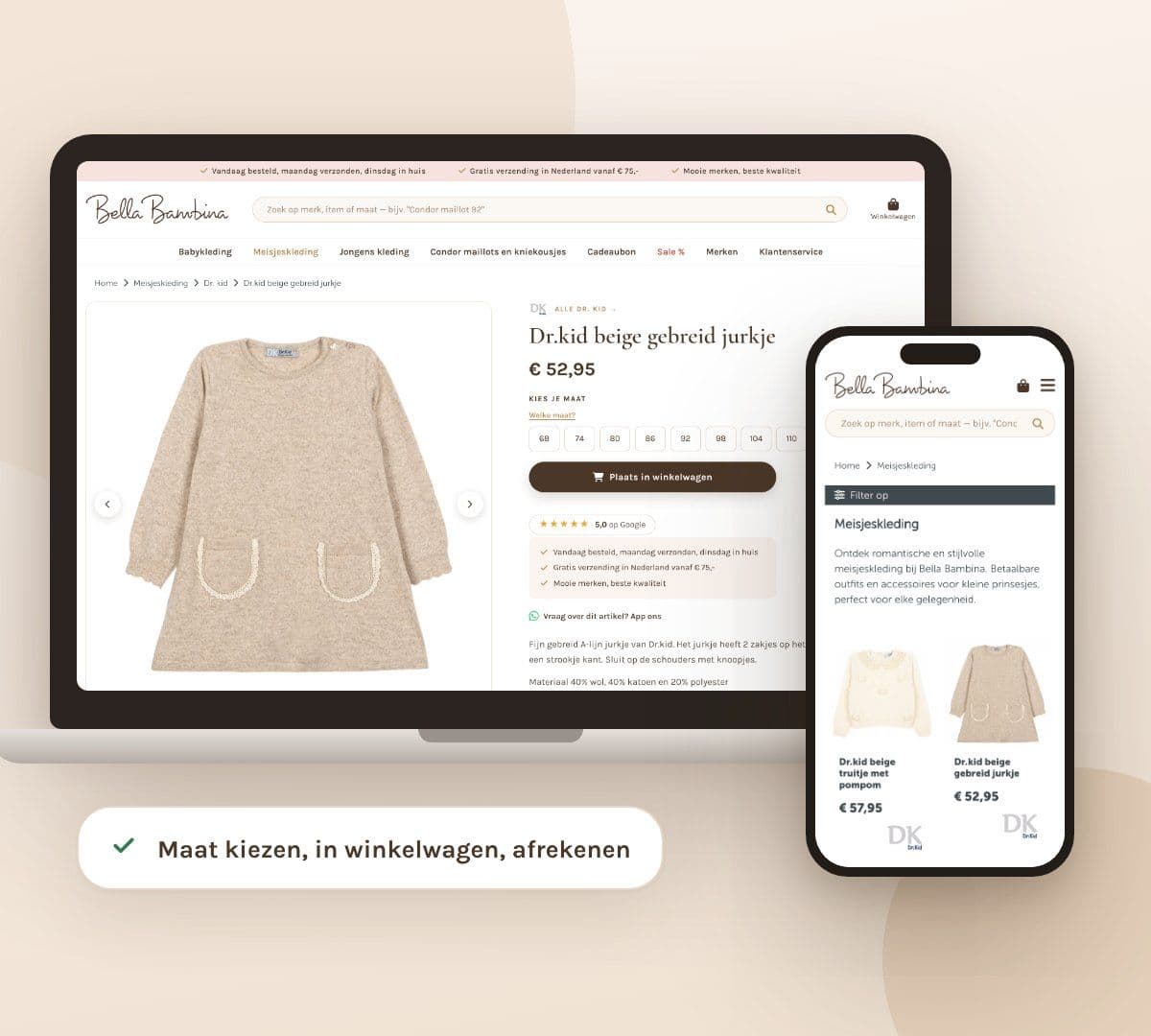 Productpagina en categoriepagina van de webshop van Bella Bambina op laptop en telefoon