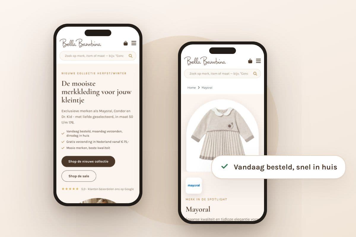 Mobiele webshop van Bella Bambina met homepage en merkpagina van Mayoral